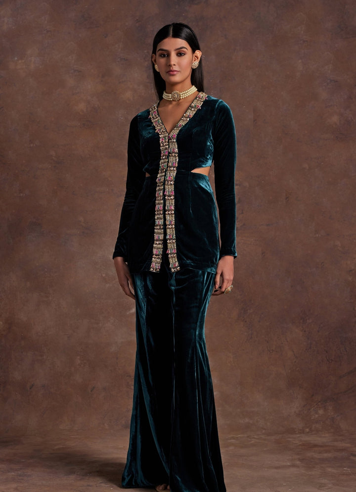 Green Velvet Embroidered Pants Set Sanya Gulati - Fabilicious Fashion