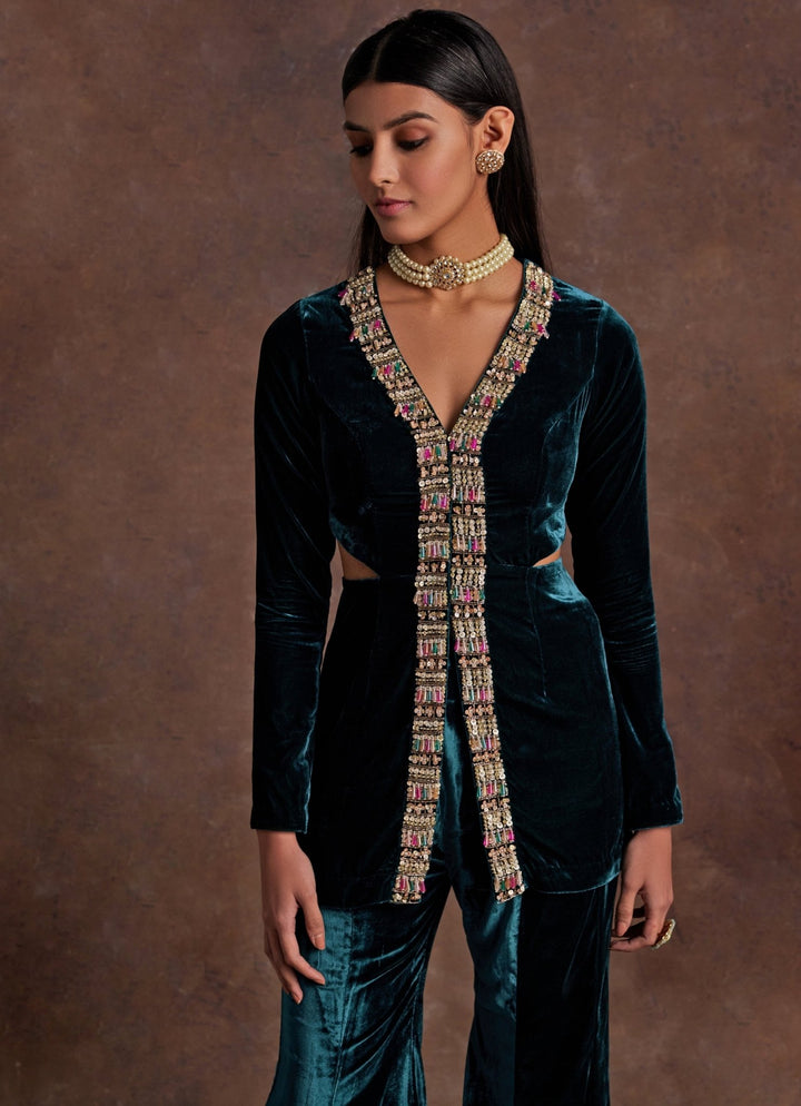 Green Velvet Embroidered Pants Set Sanya Gulati - Fabilicious Fashion