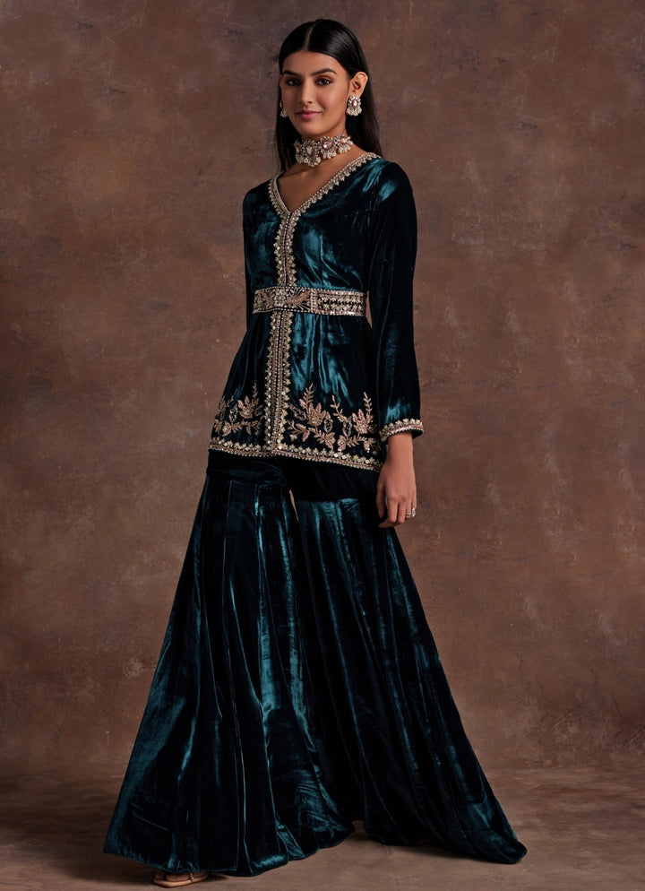 Green Velvet Embroidered Peplum Kurta Sharara Set Sanya Gulati - Fabilicious Fashion