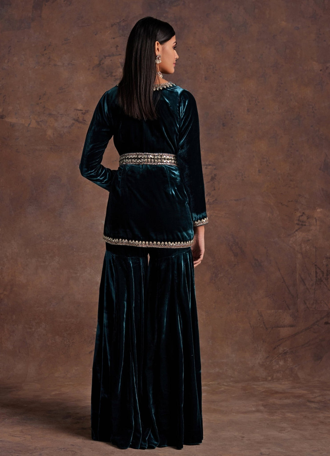 Green Velvet Embroidered Peplum Kurta Sharara Set Sanya Gulati - Fabilicious Fashion