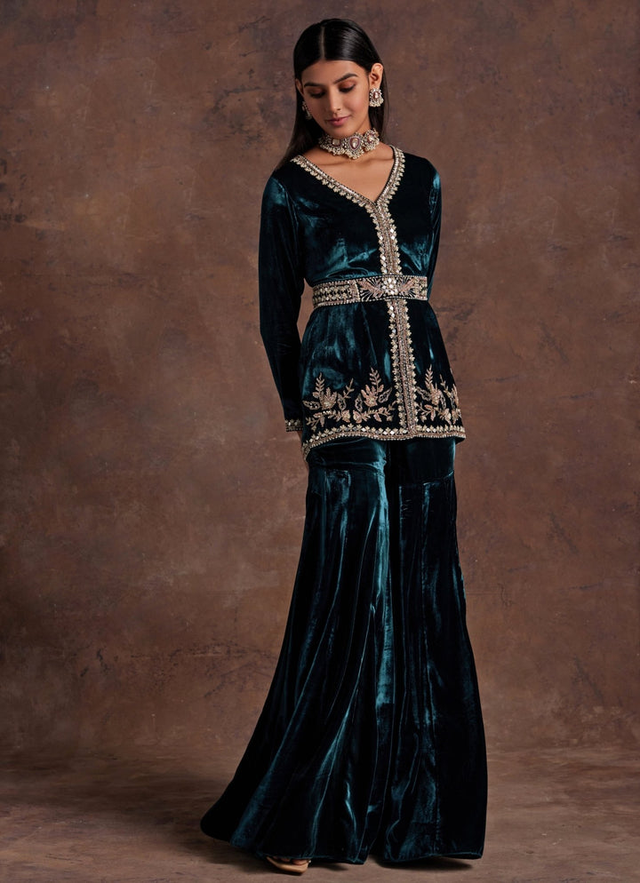 Green Velvet Embroidered Peplum Kurta Sharara Set Sanya Gulati - Fabilicious Fashion