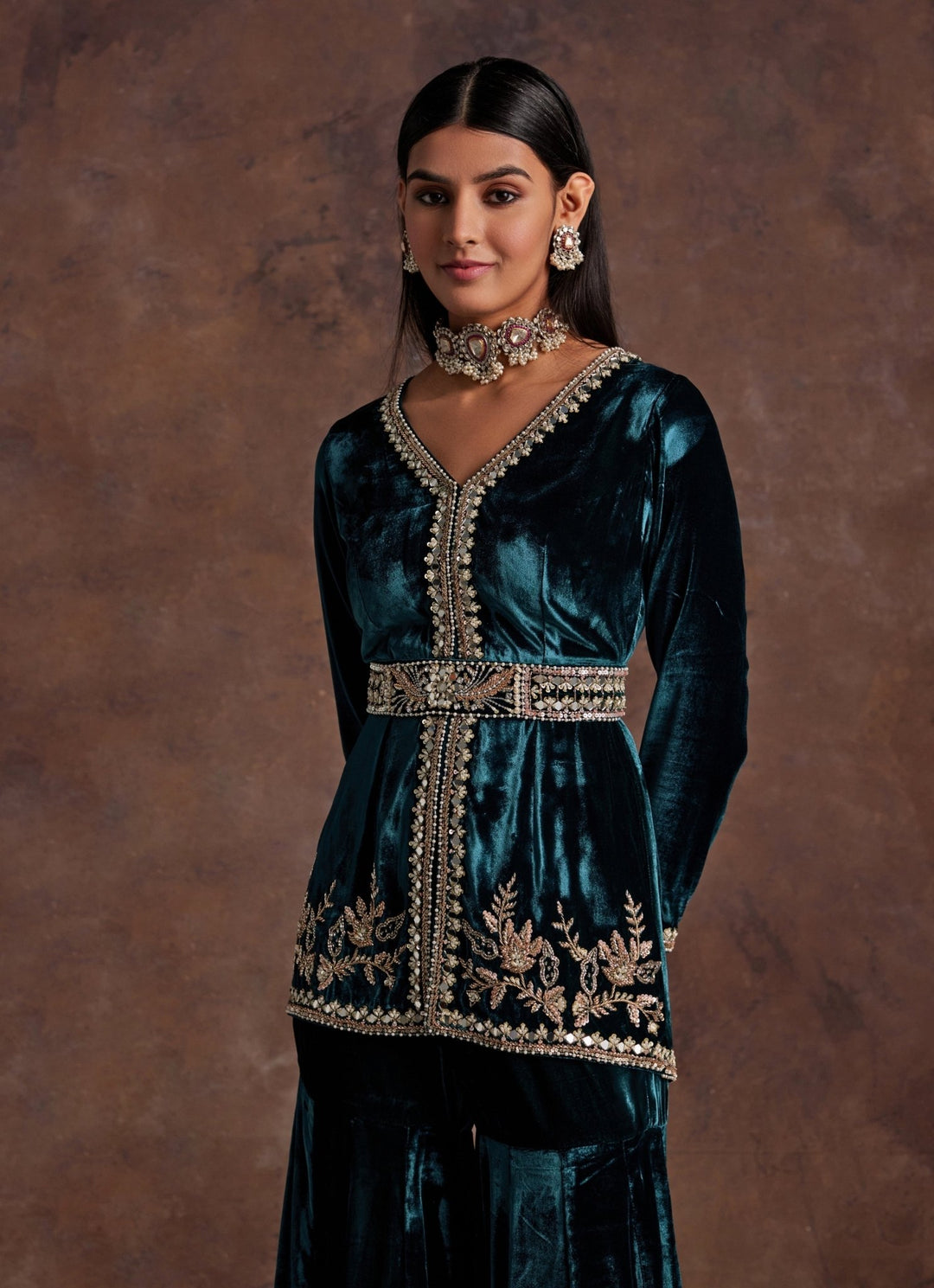 Green Velvet Embroidered Peplum Kurta Sharara Set Sanya Gulati - Fabilicious Fashion