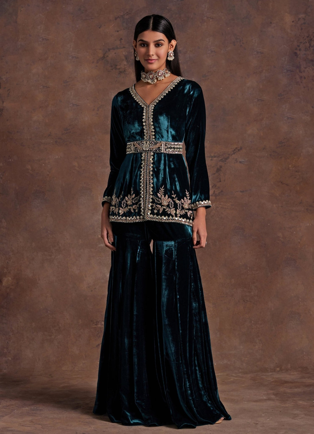 Green Velvet Embroidered Peplum Kurta Sharara Set Sanya Gulati - Fabilicious Fashion