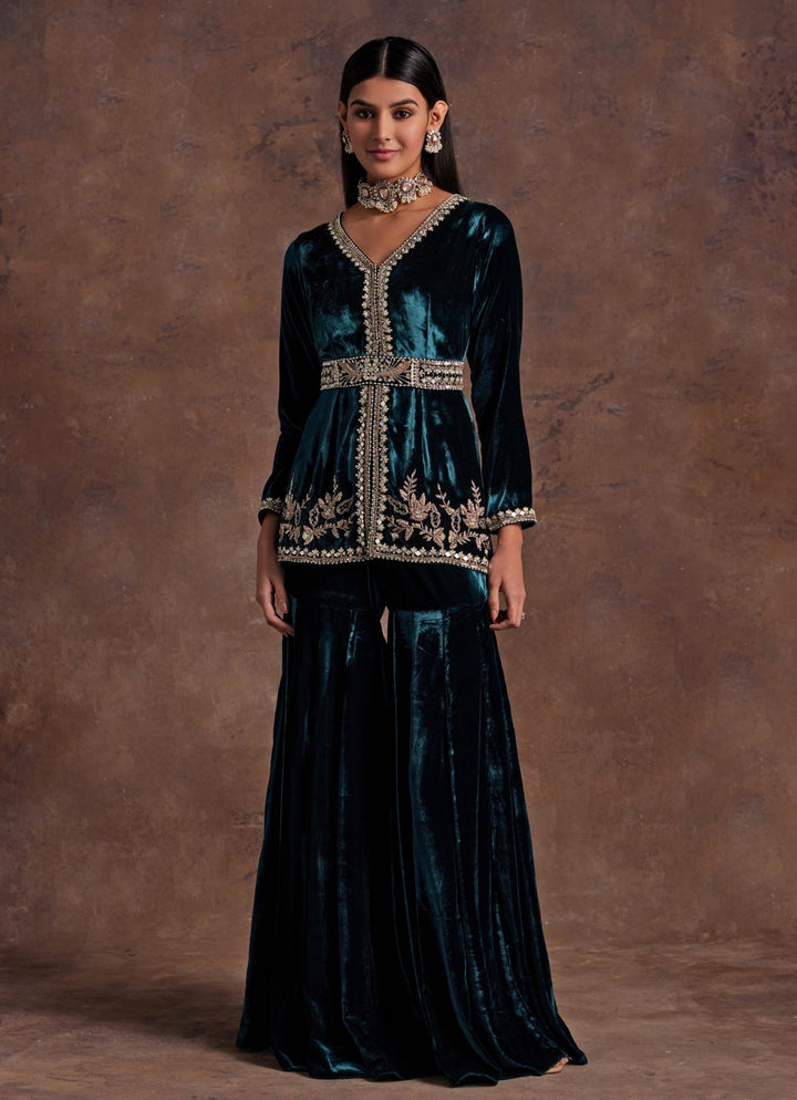 Green Velvet Embroidered Peplum Kurta Sharara Set Sanya Gulati - Fabilicious Fashion