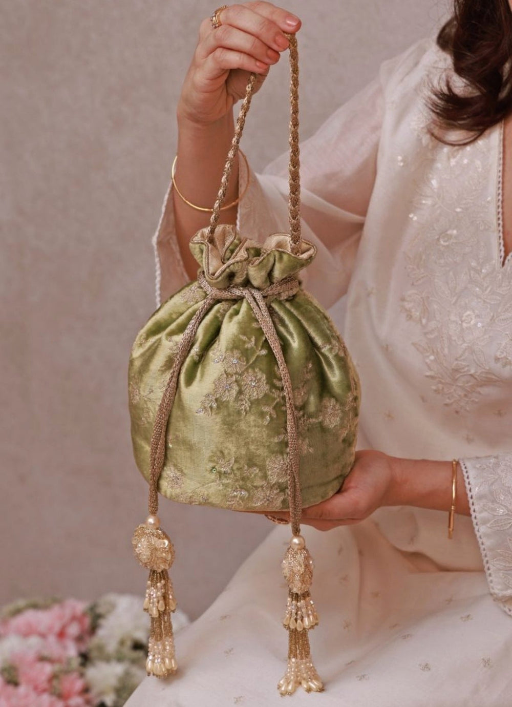 Green Velvet Embroidered Potli Amyra - Fabilicious Fashion