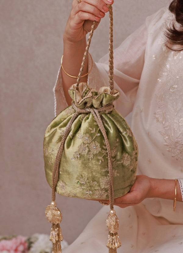 Green Velvet Embroidered Potli