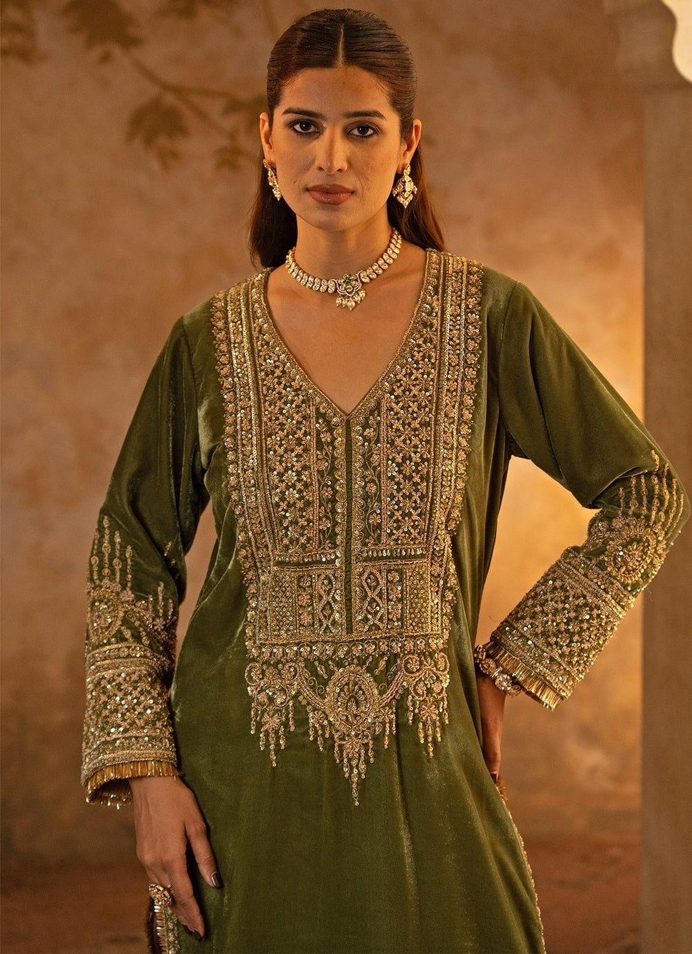 Angad Singh Green Velvet Kurta Pants With Blush Pink DupattaFabilicious Fashion