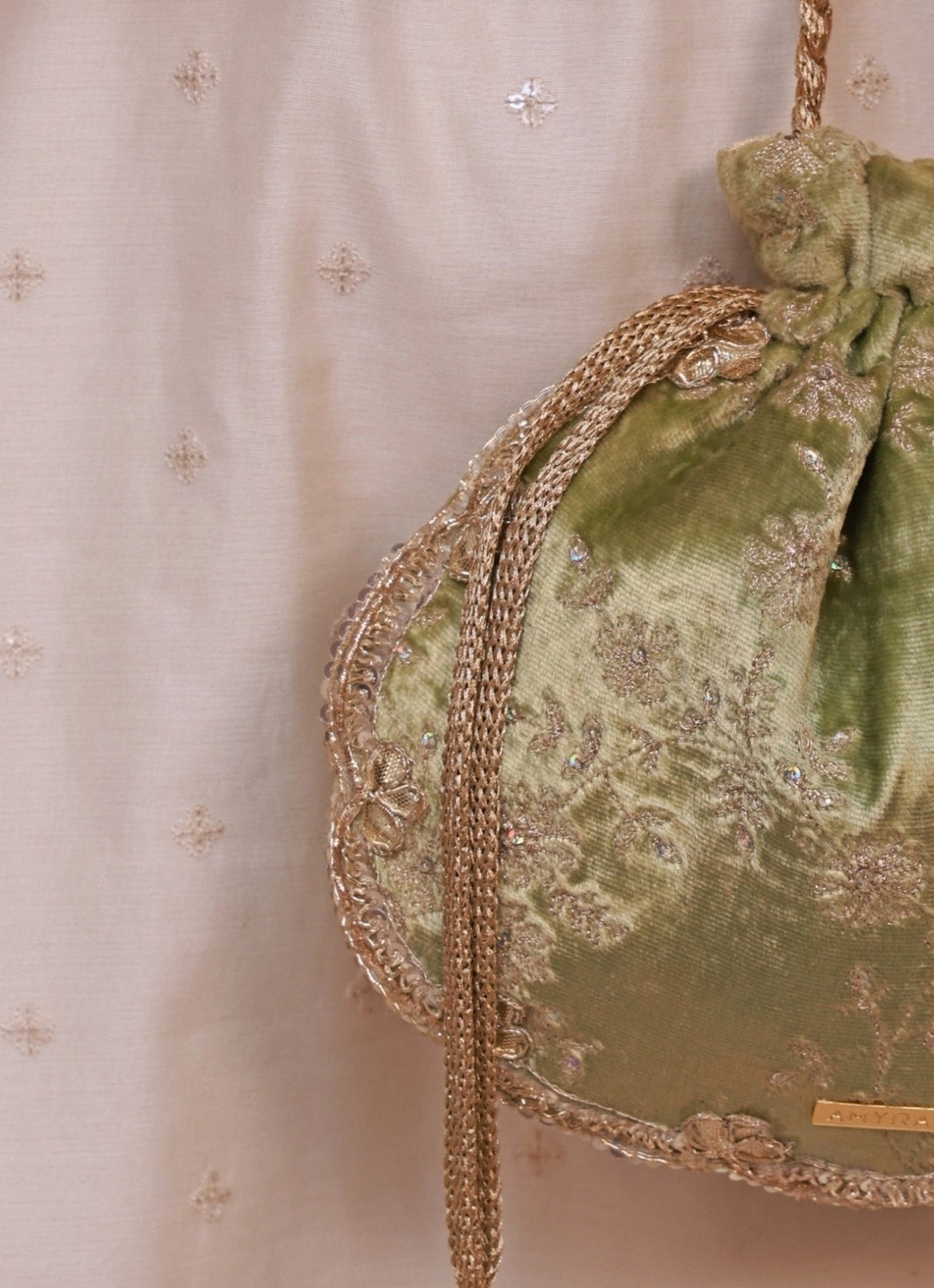 Green Velvet Scallop Embroidered Potli Amyra - Fabilicious Fashion