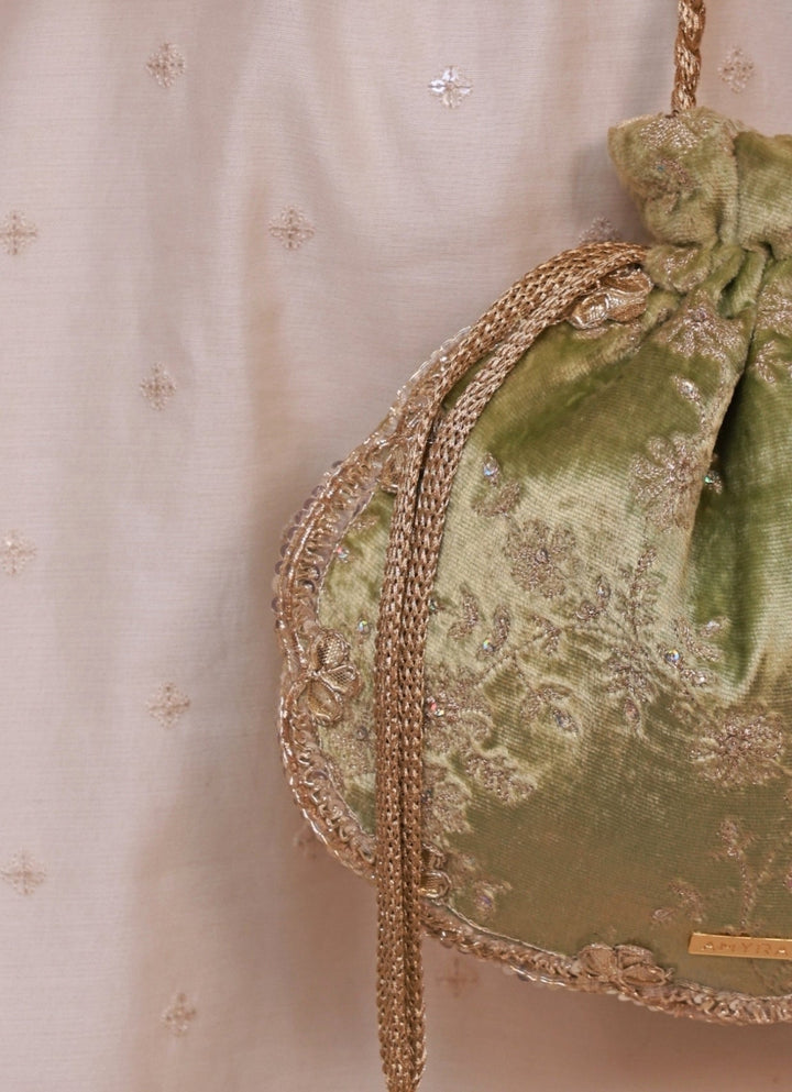 Green Velvet Scallop Embroidered Potli Amyra - Fabilicious Fashion