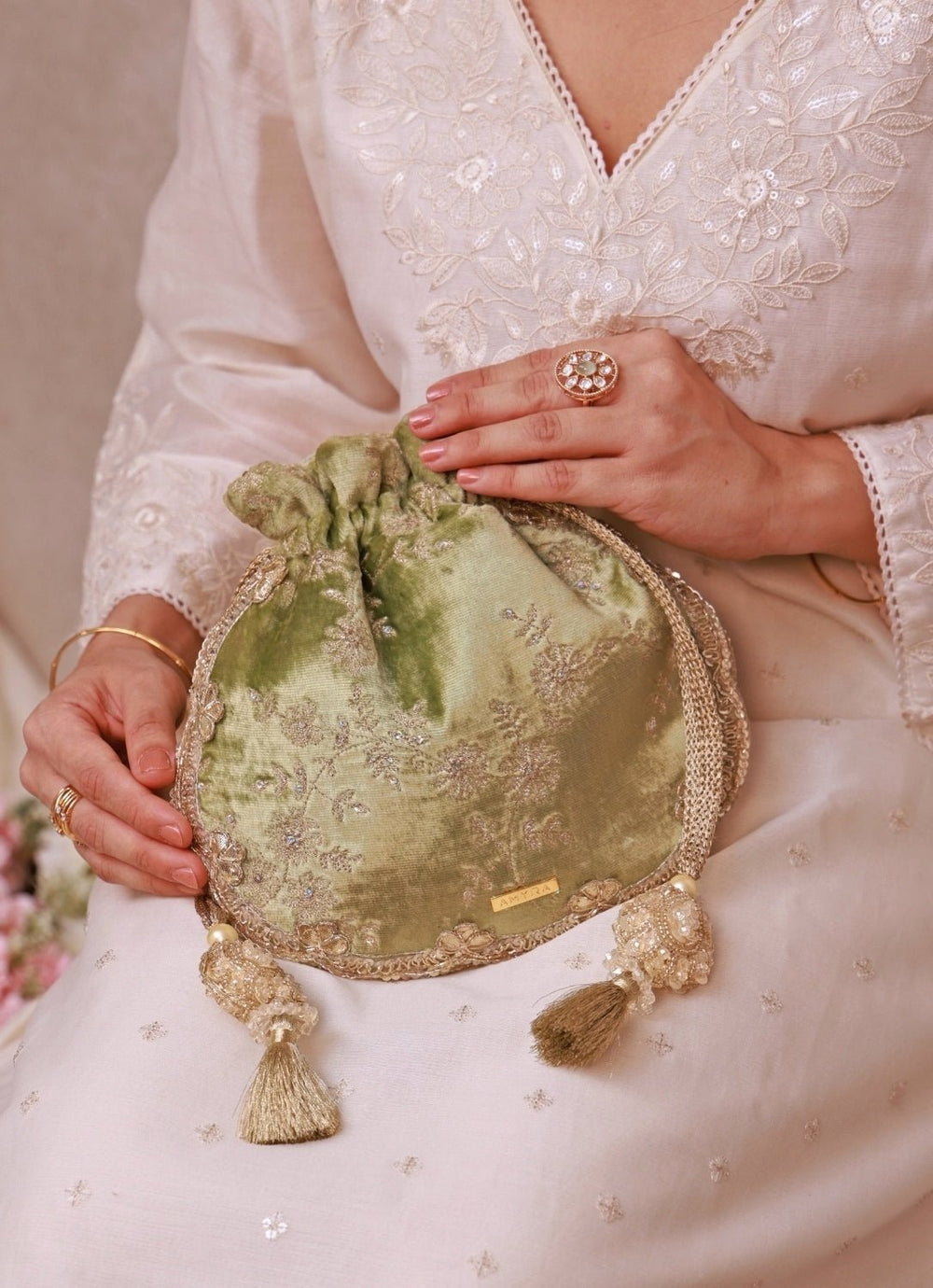 Green Velvet Scallop Embroidered Potli Amyra - Fabilicious Fashion