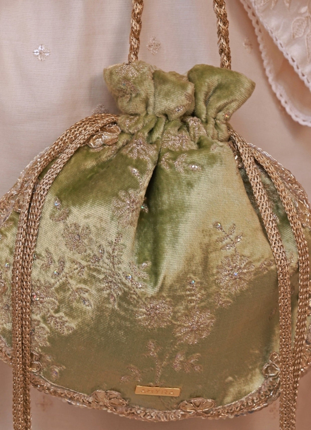Green Velvet Scallop Embroidered Potli Amyra - Fabilicious Fashion