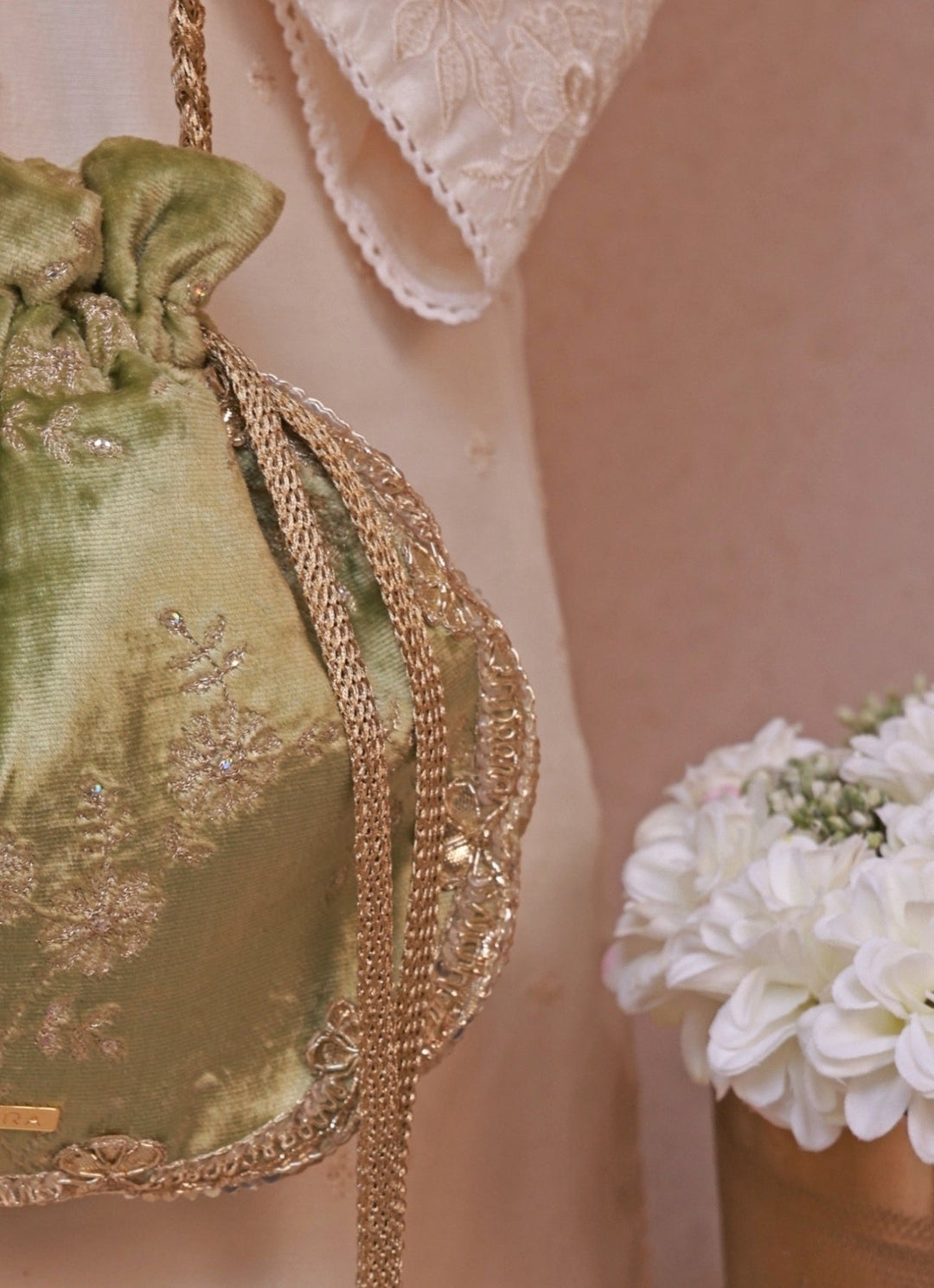Green Velvet Scallop Embroidered Potli Amyra - Fabilicious Fashion
