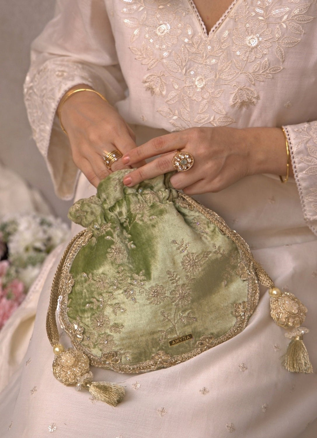 Green Velvet Scallop Embroidered Potli Amyra - Fabilicious Fashion
