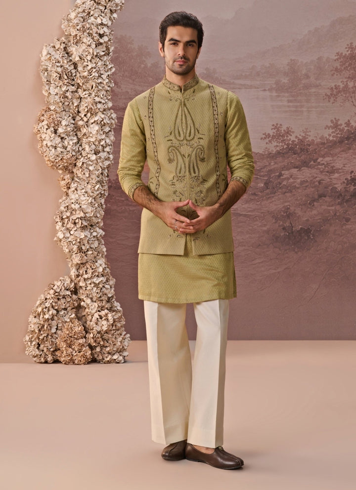 Contrast by Parth Greenish Gold Bagalpuri Silk Nehru Jacket SetFabilicious Fashion