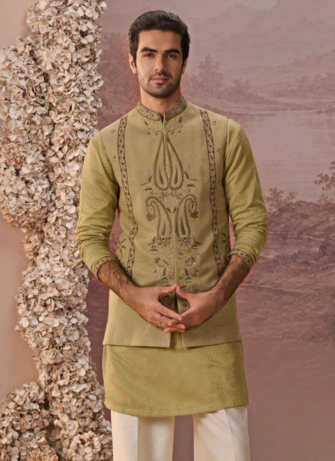 Contrast by Parth Greenish Gold Bagalpuri Silk Nehru Jacket SetFabilicious Fashion