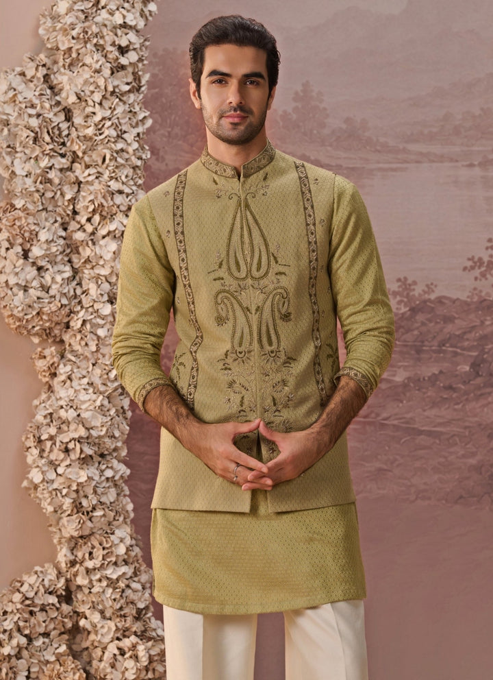 Contrast by Parth Greenish Gold Bagalpuri Silk Nehru Jacket SetFabilicious Fashion