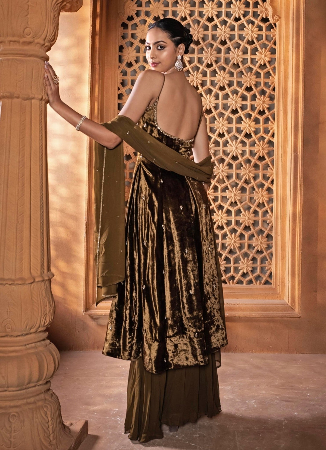 Greenish Gold Embroidered Velvet Kurta Set Enamour by Radha - Fabilicious Fashion