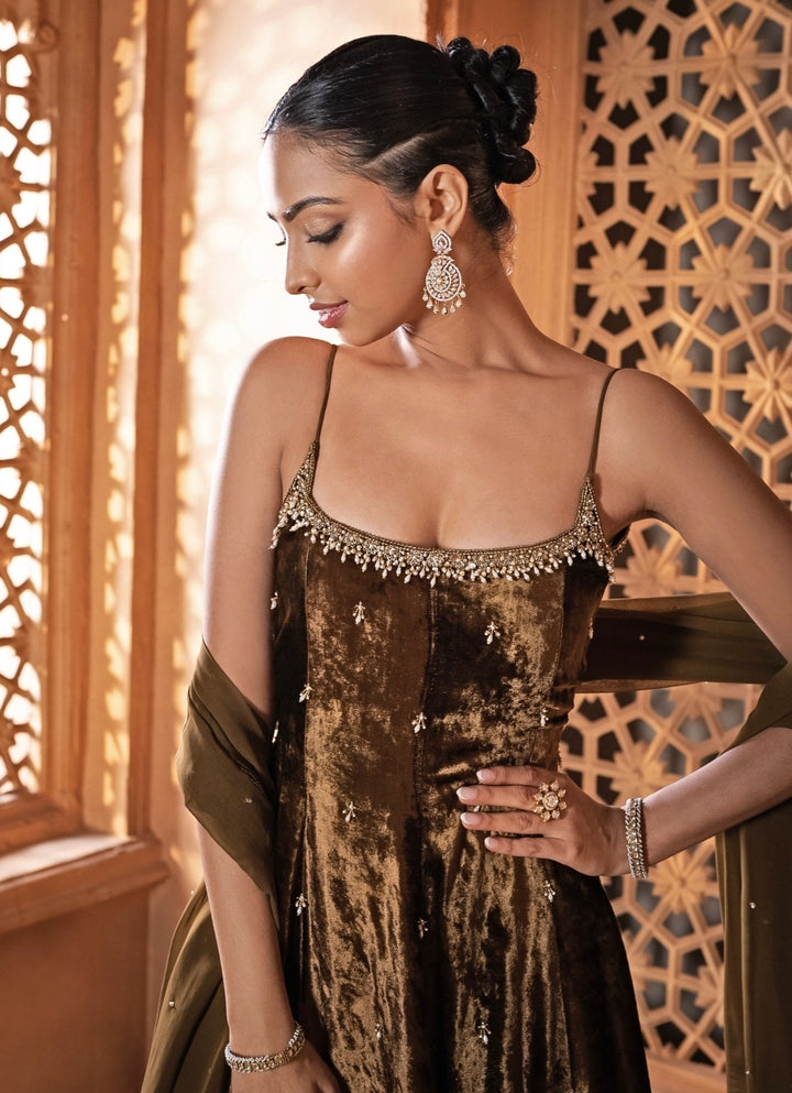 Greenish Gold Embroidered Velvet Kurta Set Enamour by Radha - Fabilicious Fashion