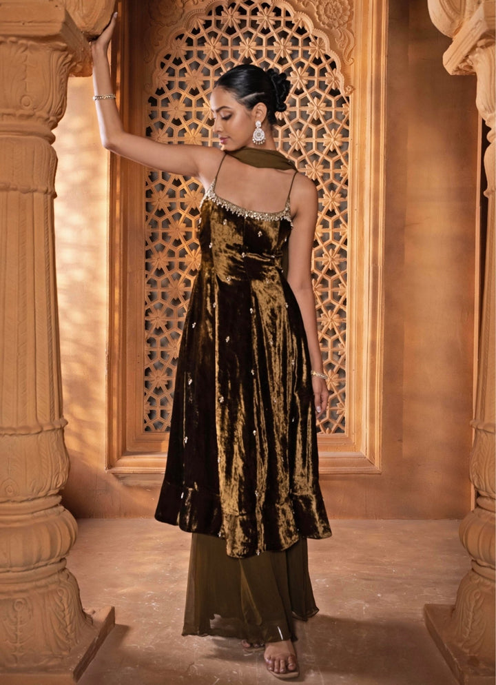 Greenish Gold Embroidered Velvet Kurta Set Enamour by Radha - Fabilicious Fashion