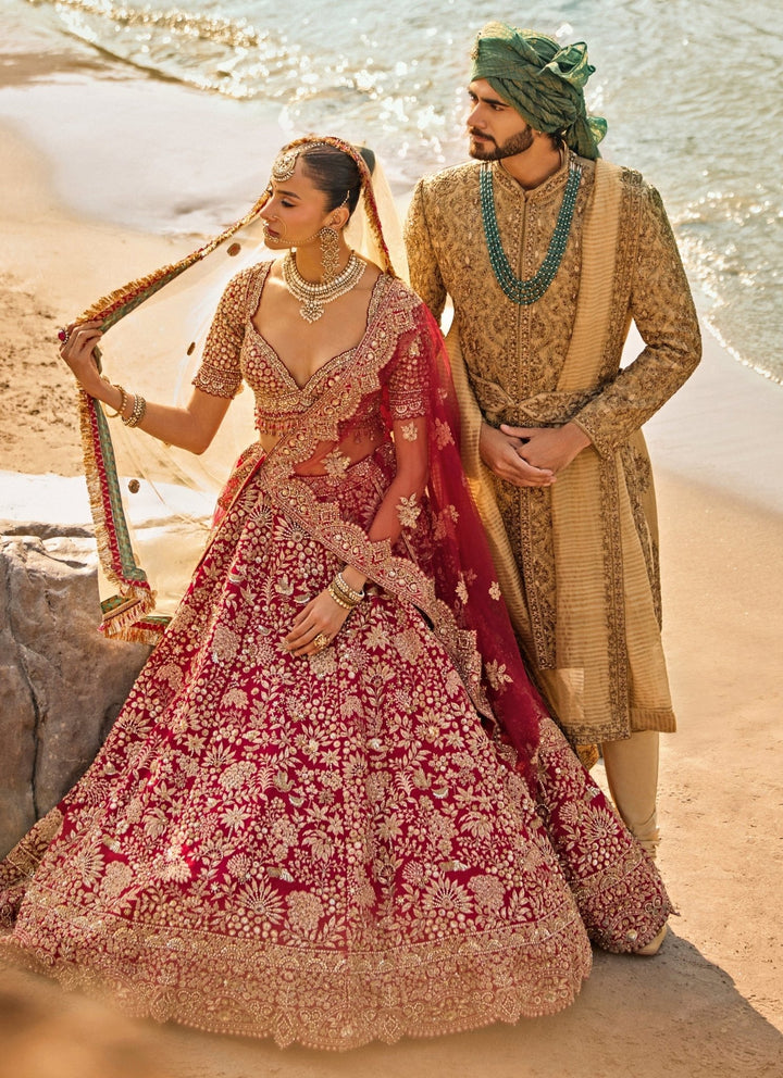 Nitika Gujral - Men Greenish Gold Matka Silk Sherwani SetFabilicious Fashion