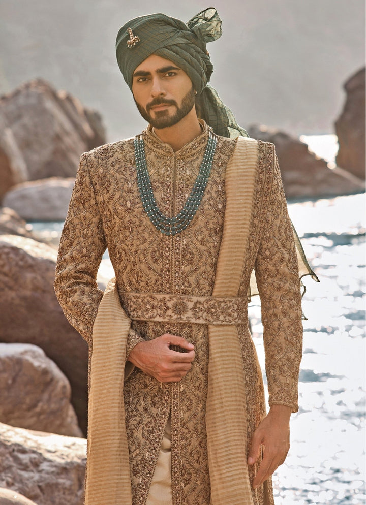 Nitika Gujral - Men Greenish Gold Matka Silk Sherwani SetFabilicious Fashion