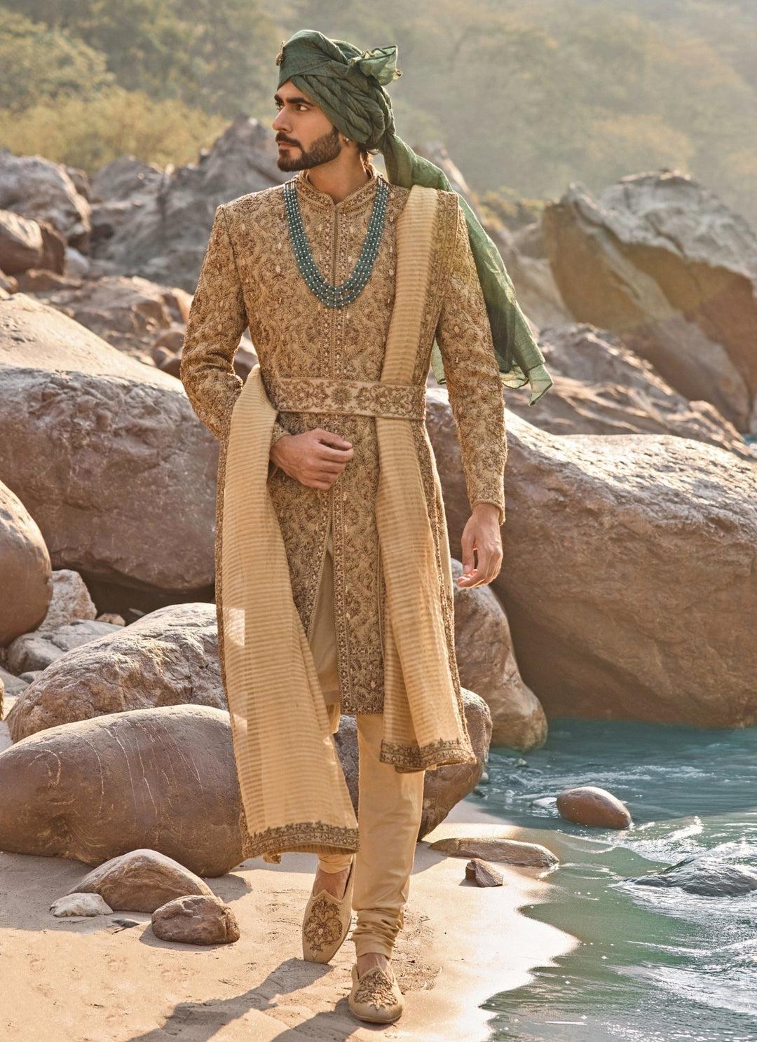 Nitika Gujral - Men Greenish Gold Matka Silk Sherwani SetFabilicious Fashion