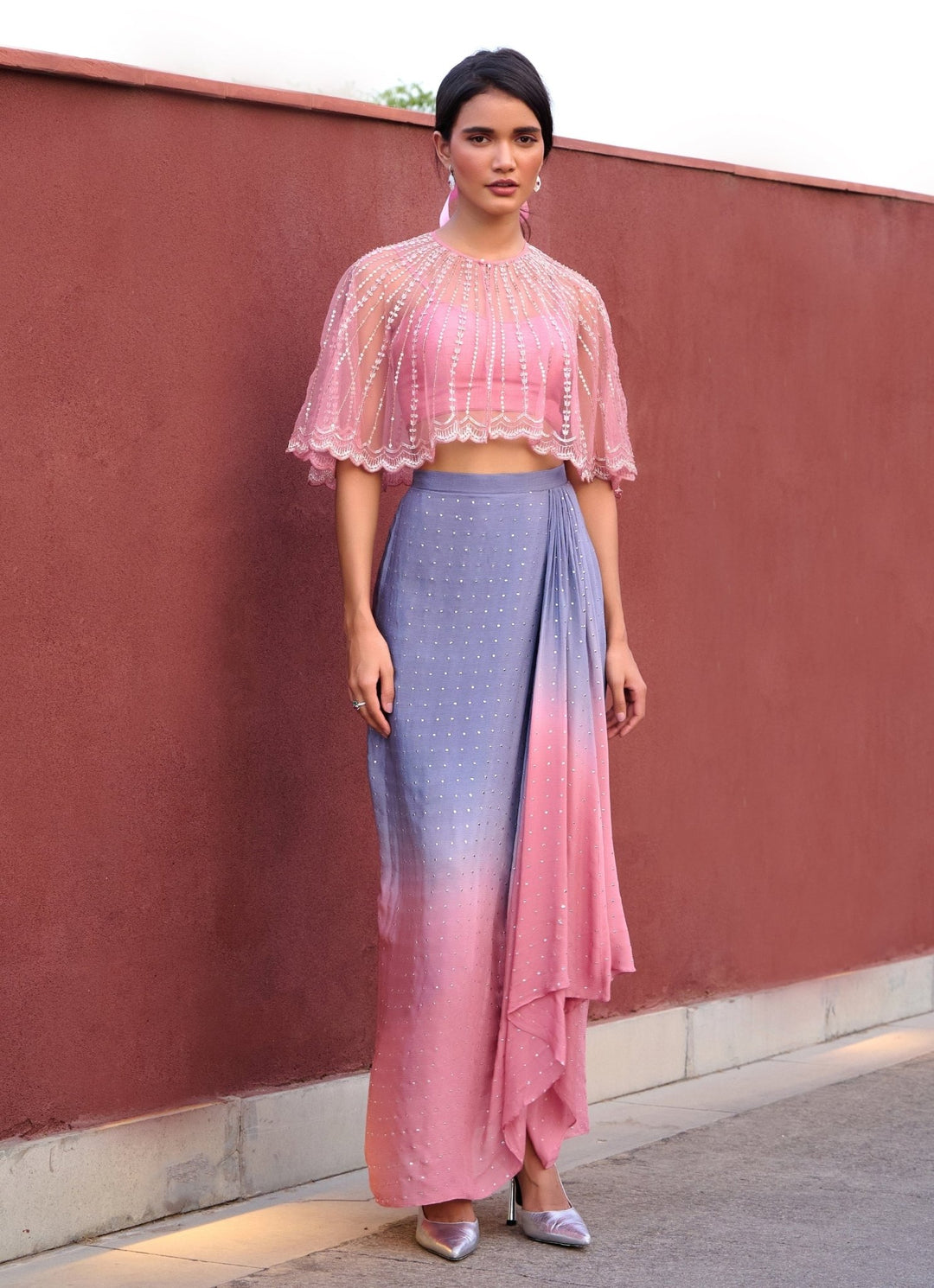Grey and Lilac Pink Ombre Draped Skirt Chamee and Palak - Fabilicious Fashion