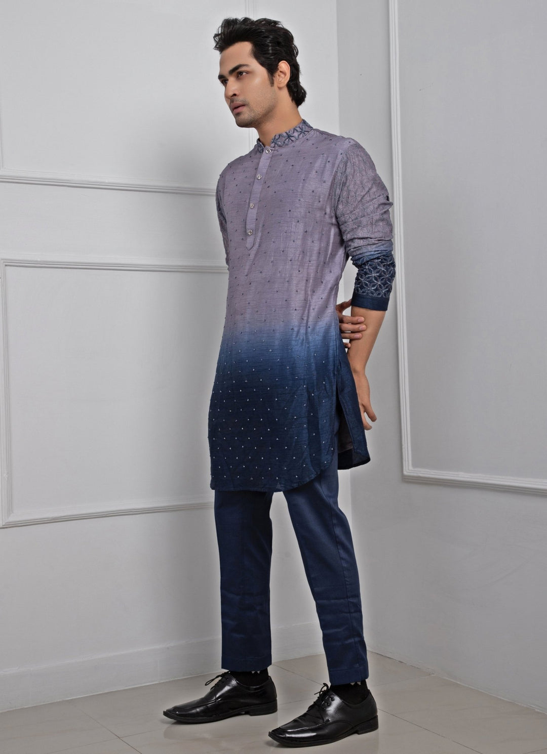 Grey And Navy Blue Ombre Silk Kurta Pant Set Smriti - Fabilicious Fashion