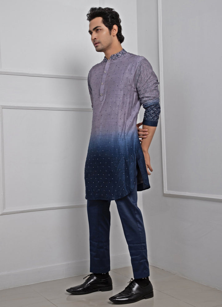 Grey And Navy Blue Ombre Silk Kurta Pant Set Smriti - Fabilicious Fashion