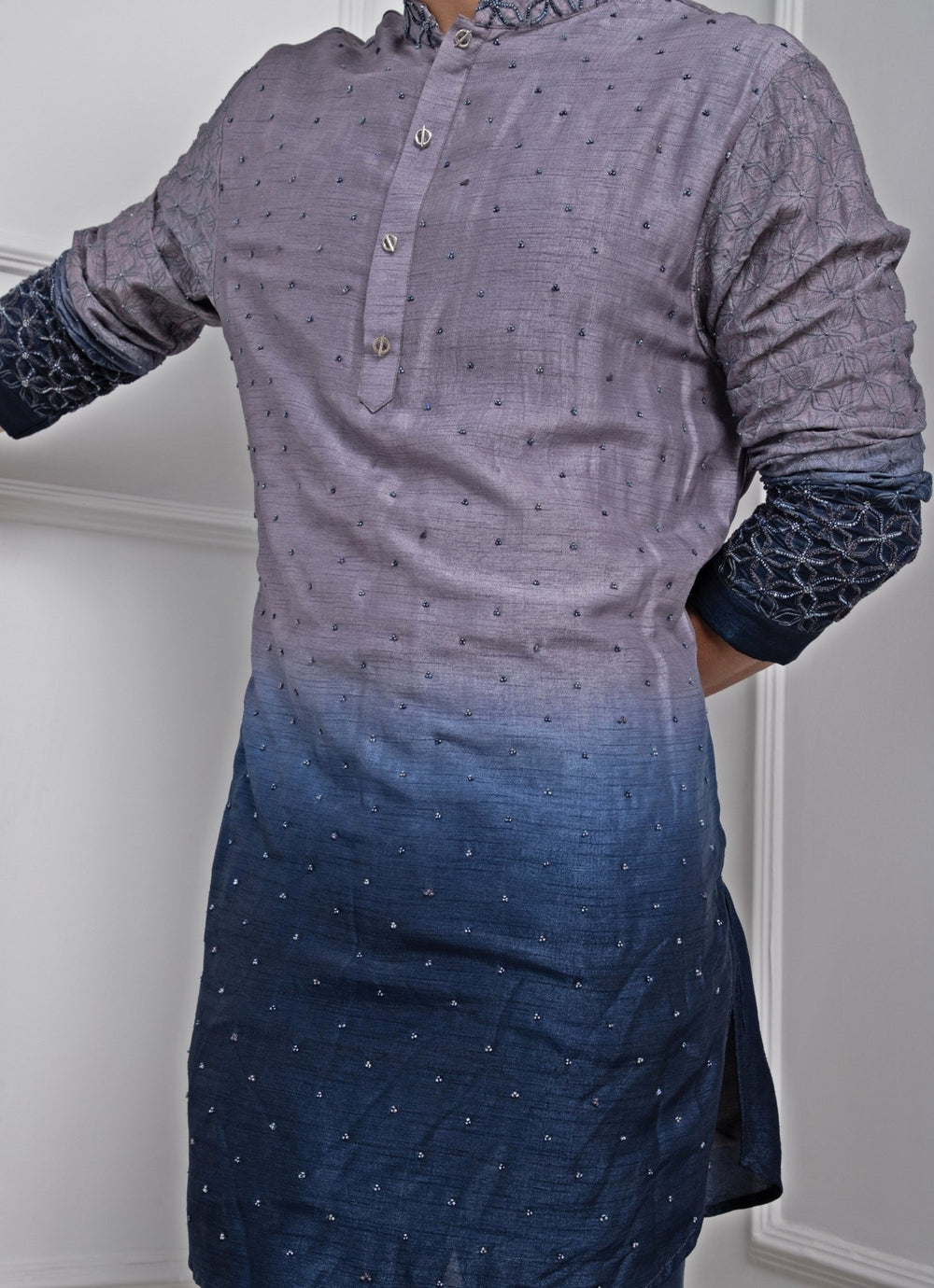 Grey And Navy Blue Ombre Silk Kurta Pant Set Smriti - Fabilicious Fashion