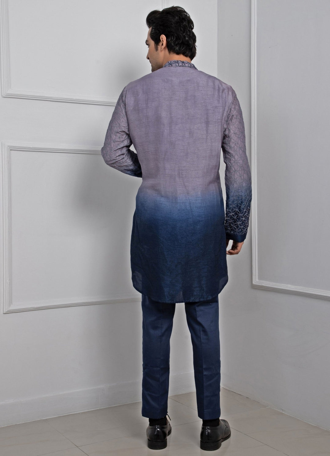 Grey And Navy Blue Ombre Silk Kurta Pant Set Smriti - Fabilicious Fashion