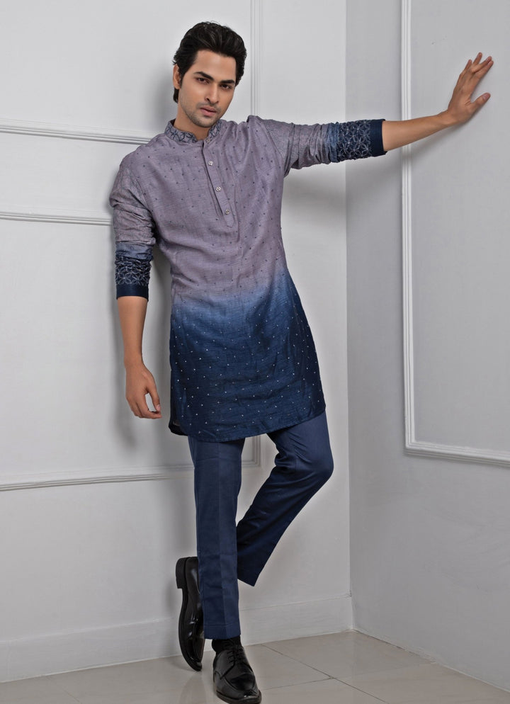 Grey And Navy Blue Ombre Silk Kurta Pant Set Smriti - Fabilicious Fashion