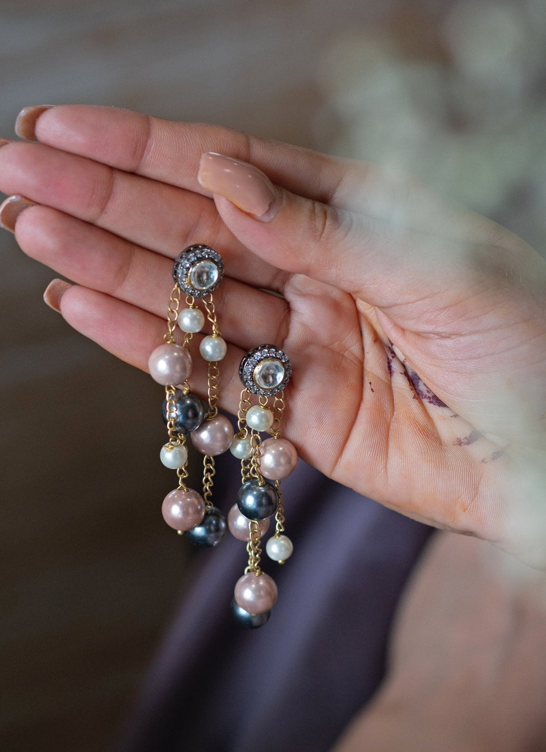 Do Taara Grey and Pink Silver Polki Dangler EarringsFabilicious Fashion