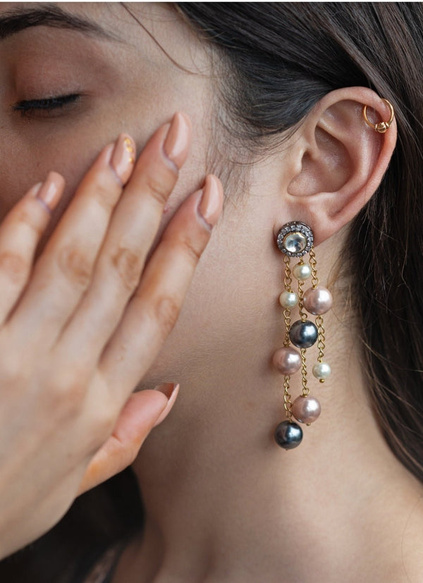 Grey and Pink Silver Polki Dangler Earrings
