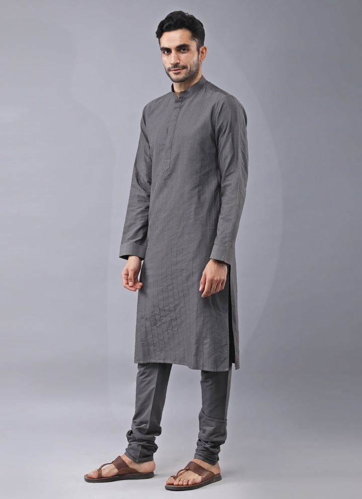 Grey and Red Silk Kurta Jacket Set Manish Nagdeo Men - Fabilicious Fashion