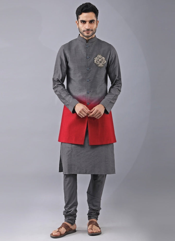 Grey and Red Silk Kurta Jacket Set Manish Nagdeo Men - Fabilicious Fashion