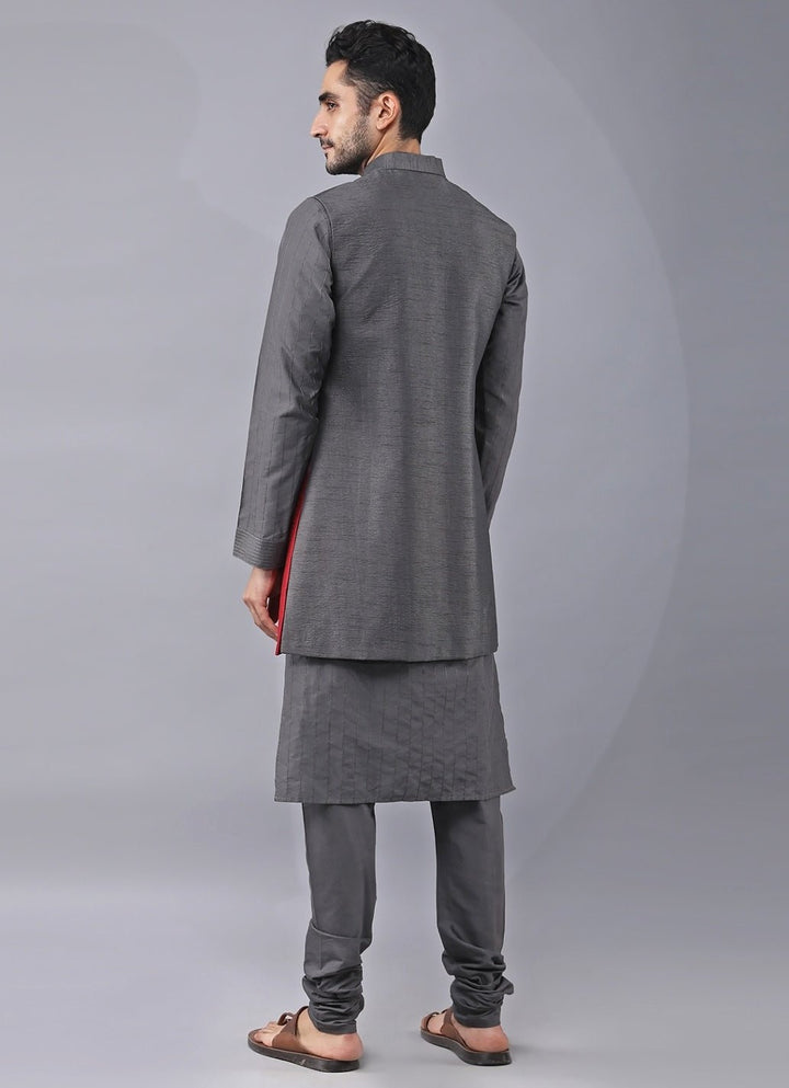 Grey and Red Silk Kurta Jacket Set Manish Nagdeo Men - Fabilicious Fashion