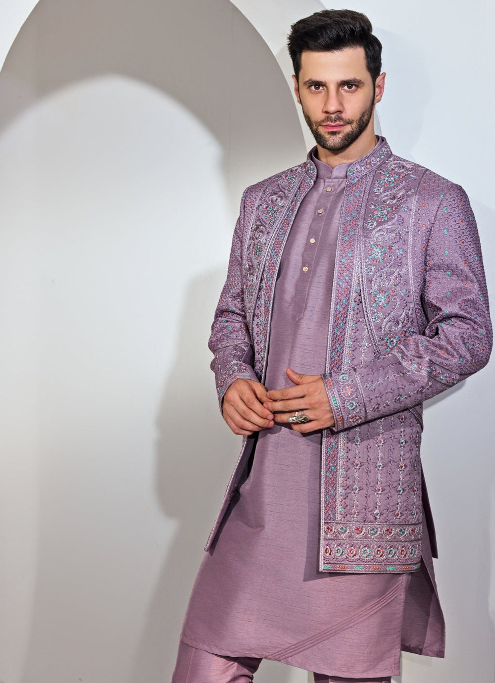 Grey Blue Indo - Western Embroidery Jacket Kurta Set Chatenya Mittal - Fabilicious Fashion