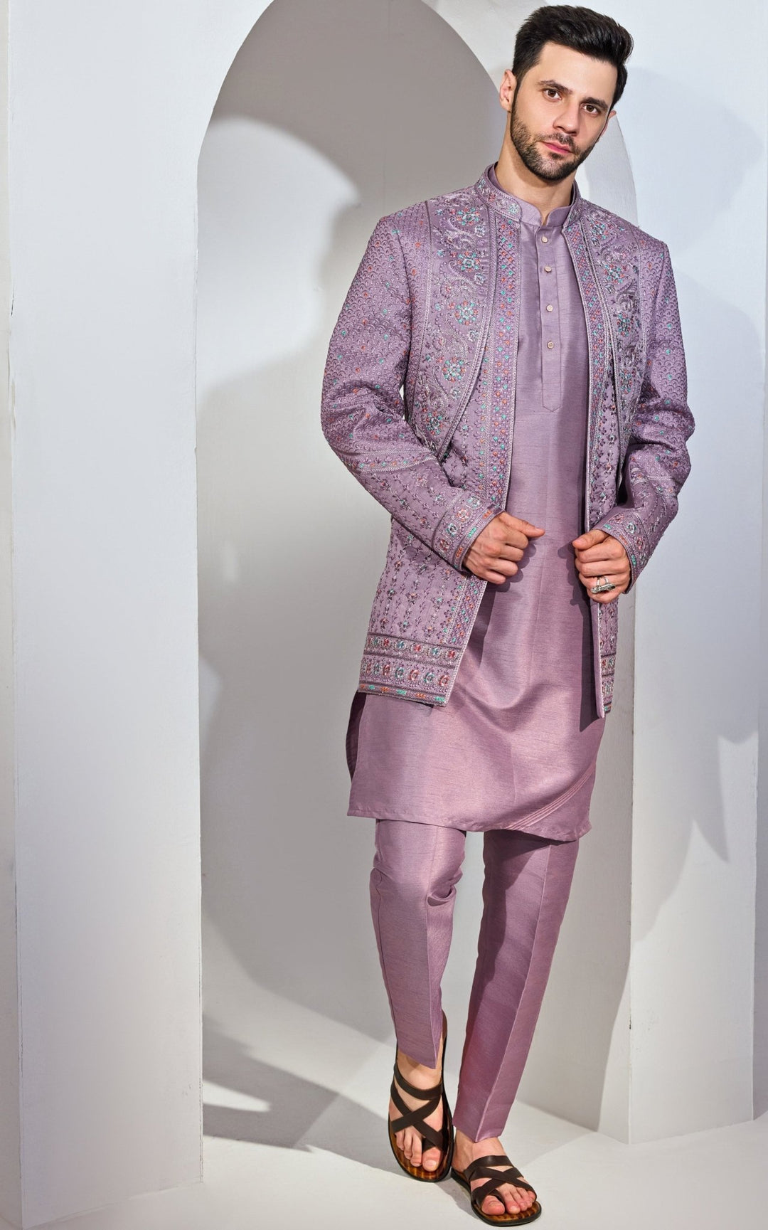 Grey Blue Indo - Western Embroidery Jacket Kurta Set Chatenya Mittal - Fabilicious Fashion