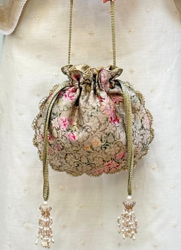 Grey Brocade Silk Potli