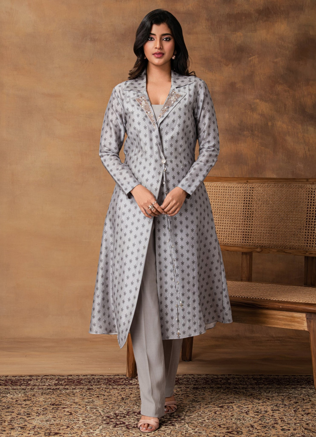 Grey Chanderi Bustier Pant Set With Jacket Isha Gupta Tayal - Fabilicious Fashion