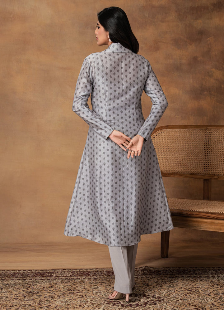 Grey Chanderi Bustier Pant Set With Jacket Isha Gupta Tayal - Fabilicious Fashion