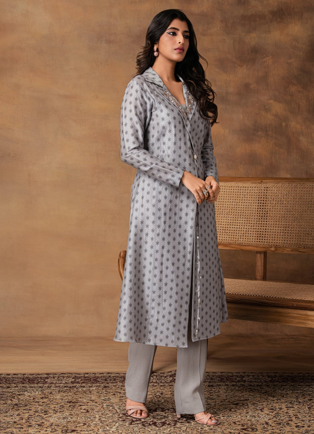 Grey Chanderi Bustier Pant Set With Jacket Isha Gupta Tayal - Fabilicious Fashion