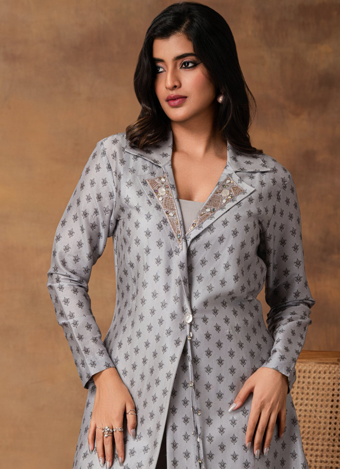 Grey Chanderi Bustier Pant Set With Jacket Isha Gupta Tayal - Fabilicious Fashion