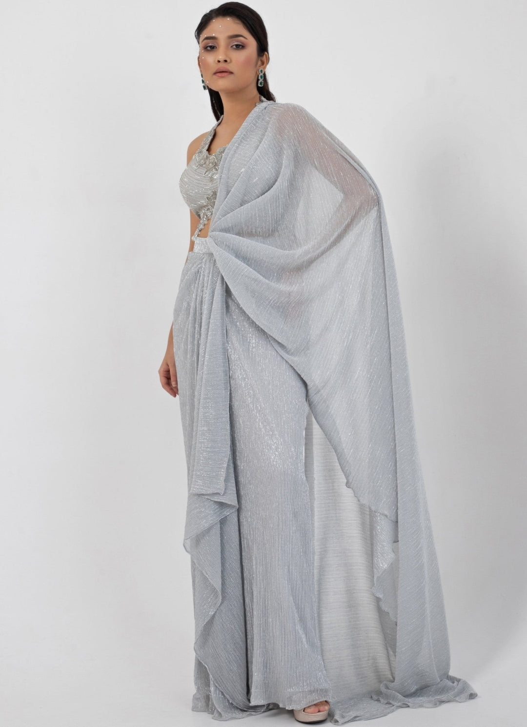 Grey Chiffon Predraped Saree Set With Sequin - Detailed Blouse Smriti - Fabilicious Fashion