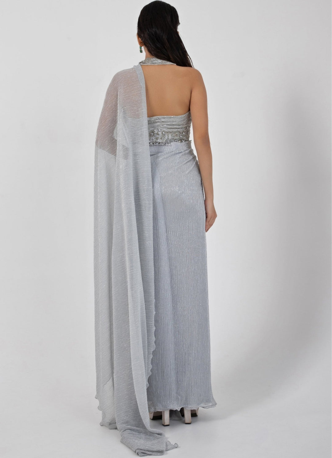 Grey Chiffon Predraped Saree Set With Sequin - Detailed Blouse Smriti - Fabilicious Fashion
