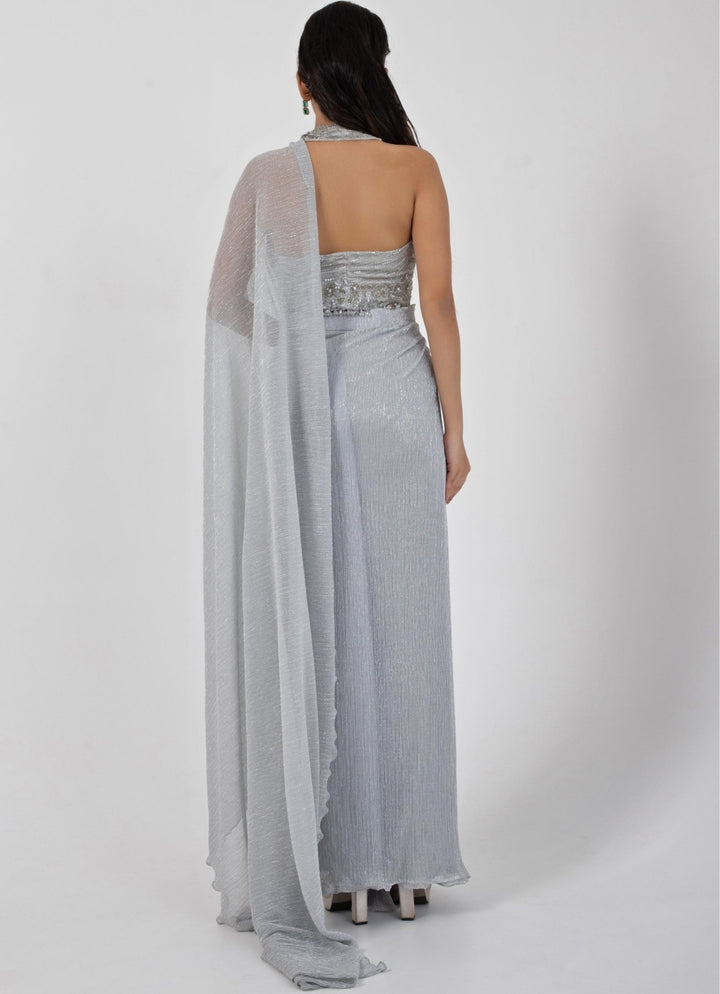 Grey Chiffon Predraped Saree Set With Sequin - Detailed Blouse Smriti - Fabilicious Fashion