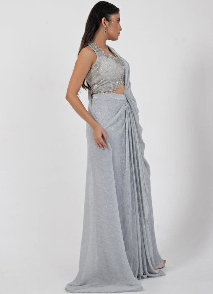 Grey Chiffon Predraped Saree Set With Sequin - Detailed Blouse Smriti - Fabilicious Fashion