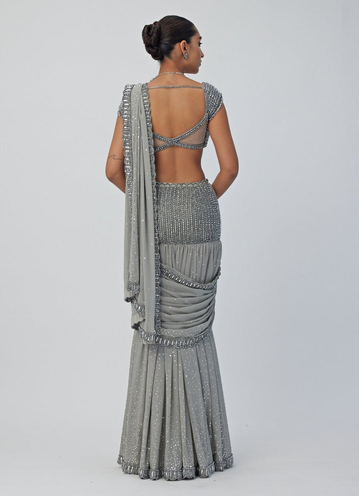 Grey Crystal And Sequin Embroidered Georgette Saree Vvani By Vani Vats - Fabilicious Fashion