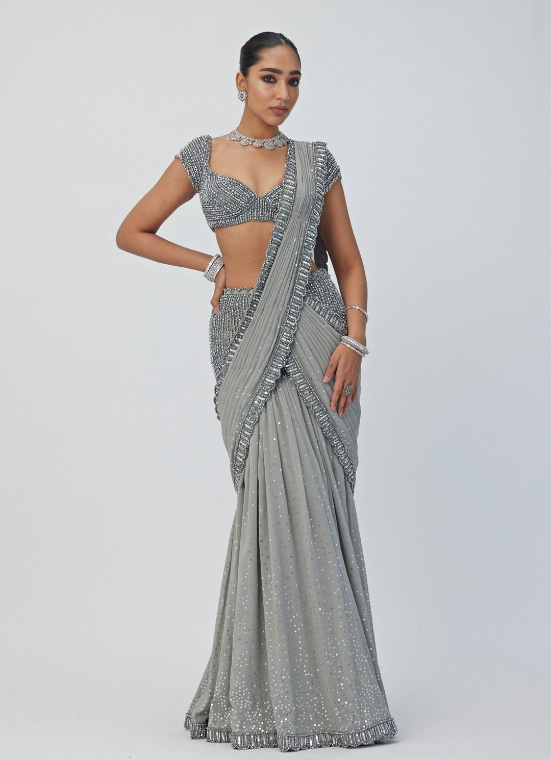 Grey Crystal And Sequin Embroidered Georgette Saree Vvani By Vani Vats - Fabilicious Fashion